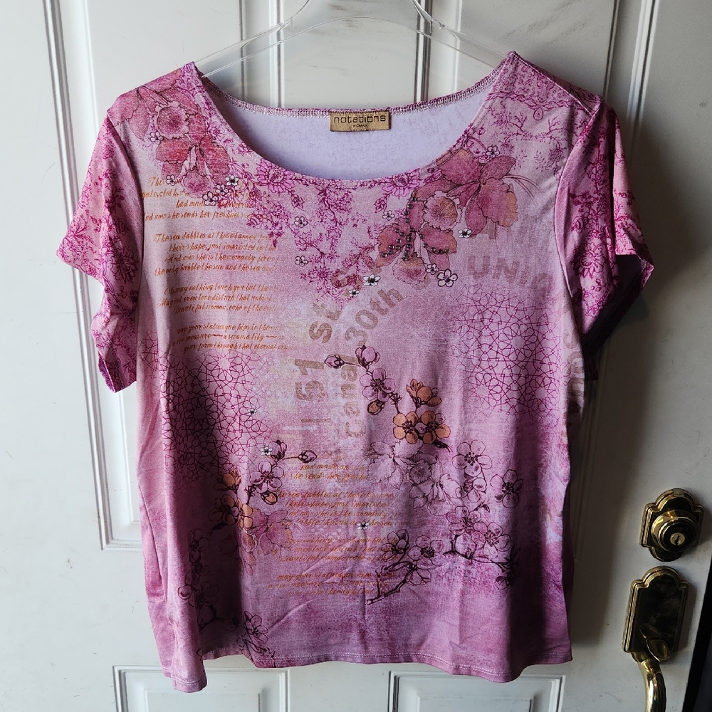 Notations Pink and Purple Floral Short Sleeve Top Size 1X